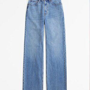 Abercrombie High Rise 90s Relaxed Jean Medium Blue Raw Hem Size 29